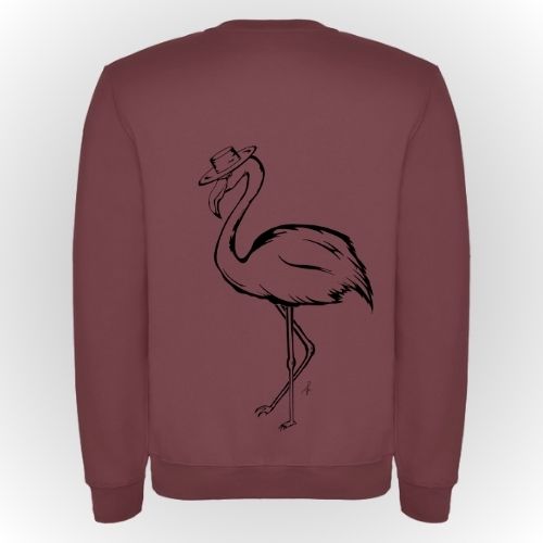 Sudadera algodón color rojo baya con print flamenco en espalda. para hombre y mujer