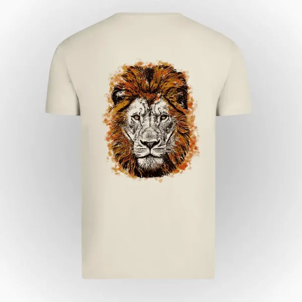 Camiseta algodón orgánico para hombre color crema con print en espalda de león pincelado African Sun