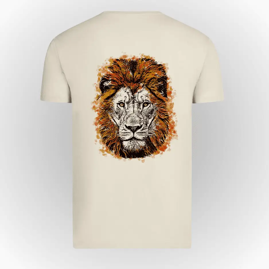 Camiseta algodón orgánico para hombre color crema con print en espalda de león pincelado African Sun