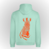 Sudadera para hombre y mujer algodón orgánico con capucha color agua con print de cebra naranja en espalda