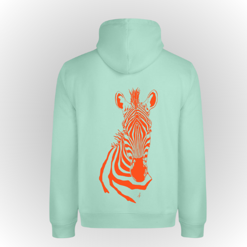 Sudadera para hombre y mujer algodón orgánico con capucha color agua con print de cebra naranja en espalda