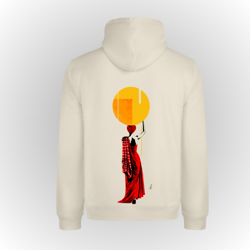 Sudadera par ahombre y mujer algodón con capucha color crema con print de mujer en espalda