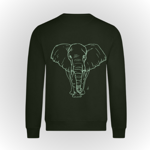 Sudadera algodón orgánico. Hombre y mujer. Print espalda elefante manzana