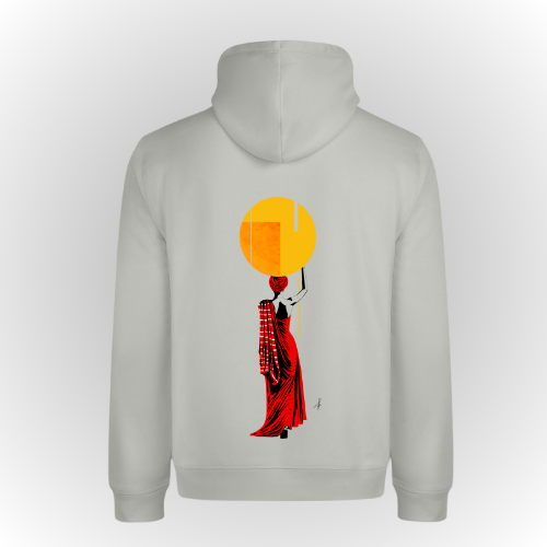 Sudadera algodón con capucha color gris claro con print de mujer en espalda