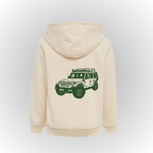 Sudadera algodón para kids, color crema. Dibujo en espalda de jeep
